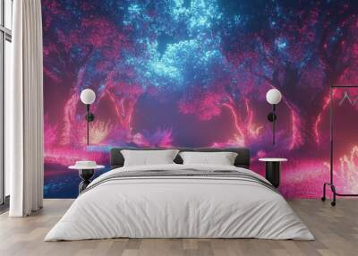 A surreal 3D forest of glowing, metallic trees swaying softly in a neon breeze. Wall mural