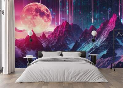 A surreal digital mountain range with pixelated peaks, under a sky with a large moon and vibrant data streams illuminating the scene Wall mural