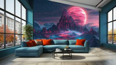 A surreal scene of a computer chip-formed mountain range, under a twilight sky with a large, glowing moon and streaming data patterns Wall mural