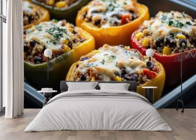 A tray of stuffed bell peppers filled with quinoa, black beans, and corn, baked to perfection, with melted cheese on top Wall mural