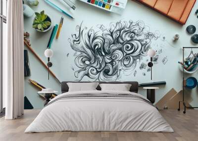 A white page with a simple, evolving doodle transforming into a complex, brilliant design, highlighting the creative process. Wall mural