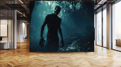 A zombie stands inert in a haunted forest at night, with shadows dancing across its figure. Wall mural