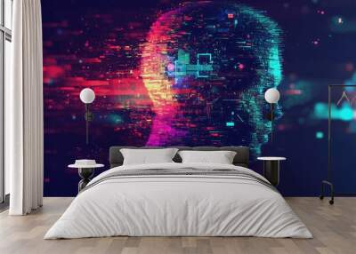 Abstract digital art with a human shape made of pulsating neon lights, distorted by glitch effects, set against a pixelated dark background. Wall mural