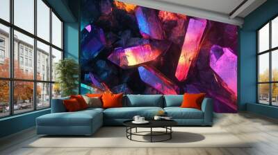 An abstract composition of iridescent aurora quartz shards with light reflecting off their facets, set against a dark, textured background. Wall mural