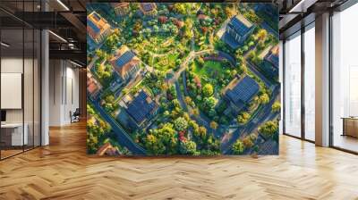 An aerial view of a sustainable city with eco-friendly buildings, solar farms, and community gardens. Wall mural