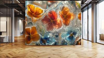 An artistic shot of colorful wildflowers encased in a layer of ice, reflecting light in a mesmerizing display of nature's beauty Wall mural