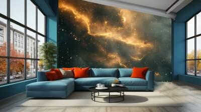 Close-up of a cosmic dust cloud with fine, luminous particles and a dark, starry background, showing celestial remnants. Wall mural