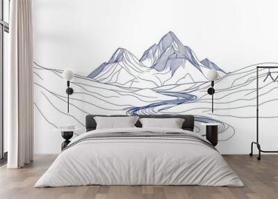 Contour line illustration of a mountain with a river at the bottom, blue accents, minimalist design on white. Wall mural