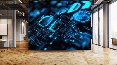 Dark tech-inspired design with geometric patterns, hexagons, circuits, and glowing electric blue and teal accents, sleek and modern. Wall mural