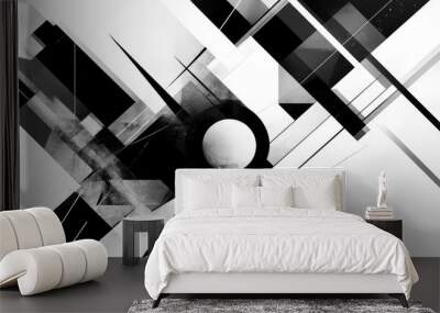 Digital geometric fusion featuring sharp, intersecting lines and shapes, with a minimalist black and white aesthetic. Wall mural