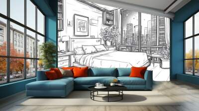 Digital lo-fi sketch of a futuristic room featuring a queen bed. Wall mural