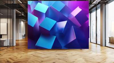 Futuristic 3D geometric shapes in blue and purple with bright gradients, forming an abstract digital pattern. Wall mural