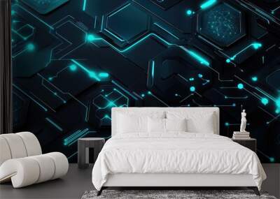 Futuristic background with geometric hexagons, circuit lines, dark blue-grey color scheme, and glowing teal accents, tech-inspired elegance. Wall mural