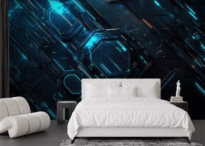 Futuristic background with geometric hexagons, circuit lines, dark blue-grey color scheme, and glowing teal accents, tech-inspired elegance. Wall mural