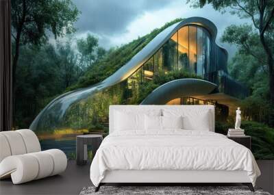 Futuristic house with oxygen-sustaining rooftop garden, transparent tubes for clean air and a 3D forest image panel blending technology and greenery Wall mural