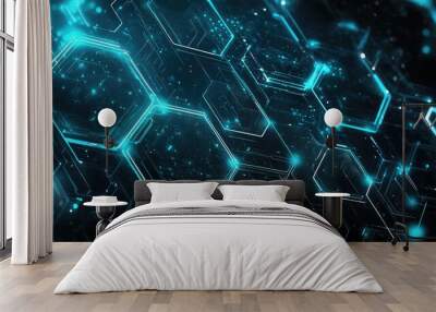 High-tech background with geometric patterns, hexagons, circuits, dark blue and grey palette, glowing teal and electric blue details. Wall mural