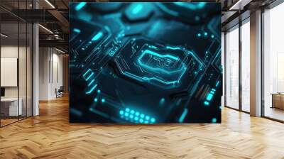 High-tech background with geometric patterns, hexagons, circuits, dark blue and grey palette, glowing teal and electric blue details. Wall mural