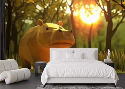 Low-poly 3D pygmy hippo standing in a minimalist forest, with geometric trees and a glowing sun Wall mural