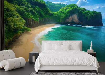 Lush green cliffs overlooking a secluded beach with golden sand and bright blue water, in a tranquil and peaceful setting Wall mural