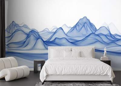 Minimalist wire drawing of mountains and river, blue accent lines, abstract design on a white background. Wall mural