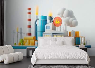 Simple and cute 3D power plant, showcasing colorful details like lightning symbols and smokestacks, with a clean, modern white background Wall mural