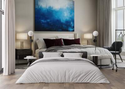 Stylish bedroom with a prominent blue abstract painting, light beige walls, silver accents, dark white and maroon tones, creating a peaceful atmosphere Wall mural