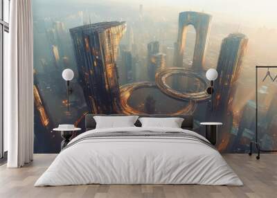 Surreal, gravity-defying skyscrapers bend in impossible shapes, connected by looping bridges high in the air. Wall mural