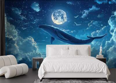 The moon greets a whale in the sky, bathed in soft moonlight and vibrant colors, with a dreamy backdrop of blue skies and clouds Wall mural