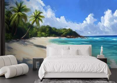 Tropical beach with clear blue water, palm trees swaying in the breeze, and soft white sand, perfectly capturing paradise Wall mural