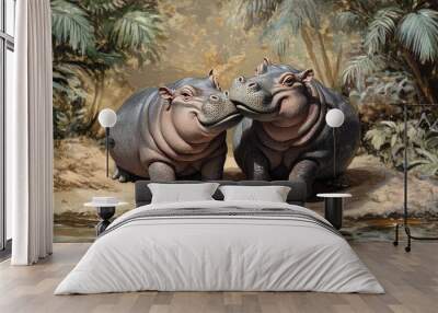 Two pygmy hippos nuzzling each other affectionately Wall mural