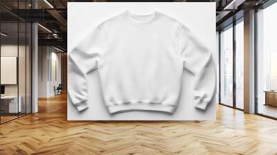 White crew neck sweatshirt perfectly styled in a flat lay, smooth chest area with no creases, subtle sleeve folds, on a pure white background. Wall mural