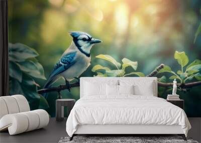 A Blue Jay Bird perched on a tree branch, with a beautiful scenic background, nature Wall mural