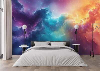 A vibrant dynamic space scene with swirling colorful clouds and stars alongside different particles resembling a nebula with glowing scenic colors, illustration  Wall mural