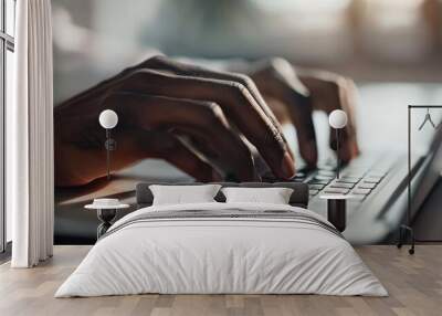 Close up shot of two hands using a laptop keyboard, office, created with AI Wall mural