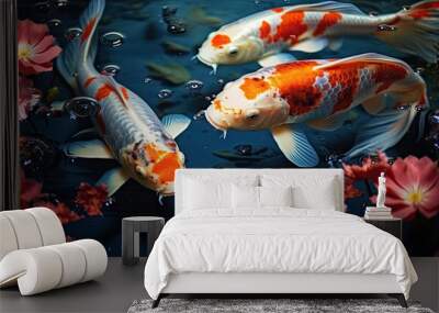 Koi fishes swimming in a koi fish pond created with AI Wall mural