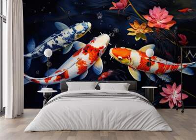 Koi fishes swimming in a koi fish pond created with AI Wall mural