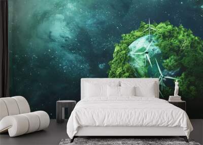 Miniature models of earth and eco-friendly photography of a green scenery, energy, electricity, created with AI Wall mural