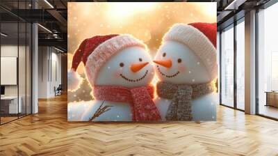 Two cute little smiling snowmen in knitted hats and scarves in a Christmas season background with falling snow, focus shot, professional photography Wall mural