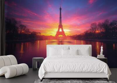 A serene image of the Eiffel Tower reflecting in the calm waters of a fountain at dusk Wall mural