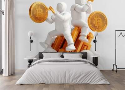 Modern 3D illustration of digital currency characters competing in a virtual arena with a white background Wall mural