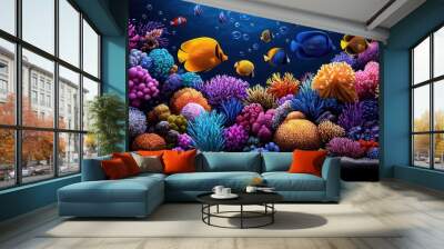 Vibrant watercolor painting of a vast and colorful coral reef with exotic fish, intricate sea anemones, and a sense of vibrant underwater life Wall mural