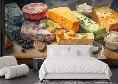 A cheese platter in a watercolor painting that celebrates the texture and diversity of cheeses in vibrant colors. Generative AI. Wall mural