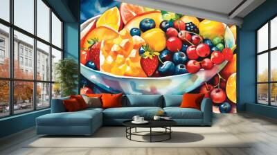 A colorful fruit salad in a watercolor painting that captures the juicy and fresh essence of each fruit. Generative AI. Wall mural