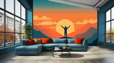 A person standing on a mountain or beach with arms outstretched, symbolizing freedom and liberation. Generative AI. Wall mural