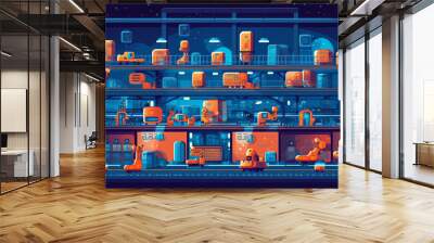 Robotics and automation: A flat-style illustration of factory or warehouse with robots and automated systems, working together with AI algorithms for streamlined production processes. Generative AI. Wall mural