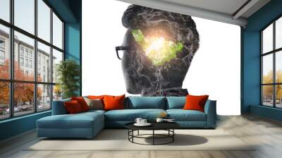 The double exposure image of the businessman standing during sunrise overlay with forest image and white copy space. The concept of nature, freedom, environment and business. Wall mural