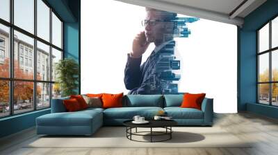 The double exposure image of the businessman using a smartphone during sunrise overlay with cityscape image. The concept of modern life, business, city life and internet of things. Wall mural