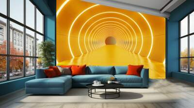 Empty yellow tunnel light room background. Abstract space tunnel interior. Modern perspective hall stage design. Futuristic neon road Wall mural