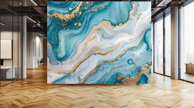 Marble suminagashi gold ink abstract background. Blue turquoise gold liquid ecru brush texture pattern. Winter oriental Chinese acrylic painting stone paper texture Wall mural