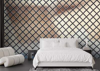 Dark metal fence grid with pattern of numerous small shaped cells installed on light blurred background extreme close view Wall mural